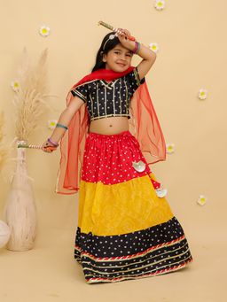 Junitos - Black Bandani Printed Choli with Lehenga and Dupatta with Dandiya