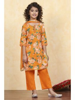Biba - Orange Cotton Straight Printed Kurta with Pant and Dupatta