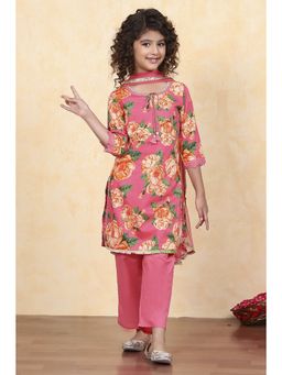 Biba - Pink Cotton Straight Printed Kurta with Pant and Dupatta