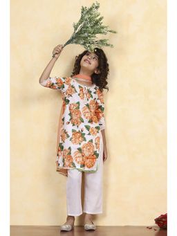 Biba - White Cotton Straight Printed Kurta with Pant and Dupatta