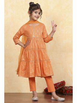 Biba - Orange Cotton Tiered Printed Kurta with Pant and Dupatta