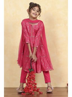 Biba - Pink Cotton Tiered Printed Kurta with Pant and Dupatta