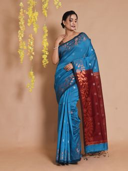 CHARUKRITI - Cerulean Blue Cotton Zari Floral Motifs & Designs Handwoven Saree with Unstitched Blouse