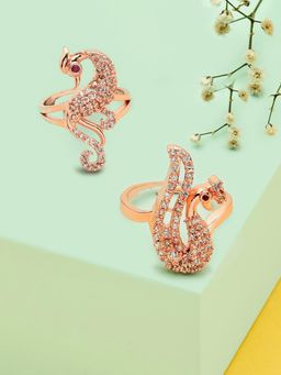 Zaveri Pearls - Set of 2 Rose Gold Peacock Inspired Cubic Zirconia Finger Rings-ZPFK13371