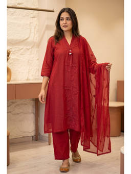 DEVRI - Wine Gulnar Pure Cotton Embroidered Kurta with Pant and Dupatta