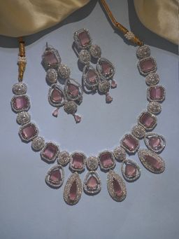 Niscka - Silver Rhodium American Diamond and Mauve Pink Stones Necklace with Earrings