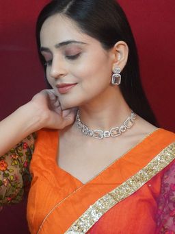 Niscka - Rhodium Plated White Ad Stone Necklace Earrings