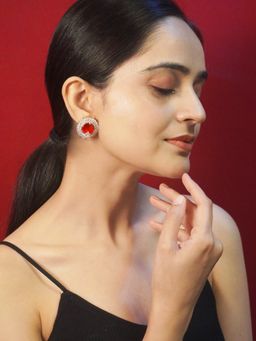 Niscka - Red and White American Diamond Oval Earrings