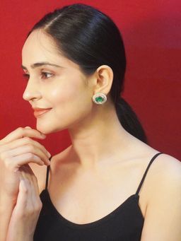 Niscka - Floral Oval Green and White American Diamond Earrings