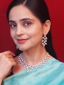 Niscka - Rhodium Silver Plated American Diamond and Pearl Floral Necklace with Earrings