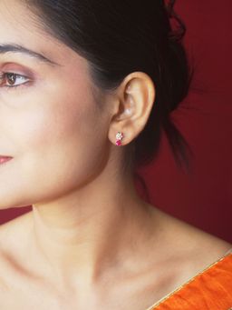 Niscka - Gold Plated Pink and White Cz Floral Earrings