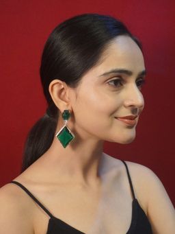 Niscka - Rhodium Plated Green and White American Diamond Earrings