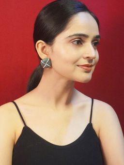 Niscka - Rhodium Plated Circular Green American Diamond Earrings