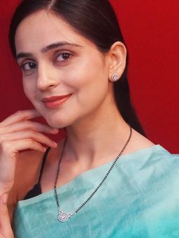 Niscka - Silver Rhodium Plated White Cz Mangalsutra and Earrings