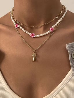 Niscka - Triple Layered Gold Plated White and Pink Faux Pearl Floral Necklace