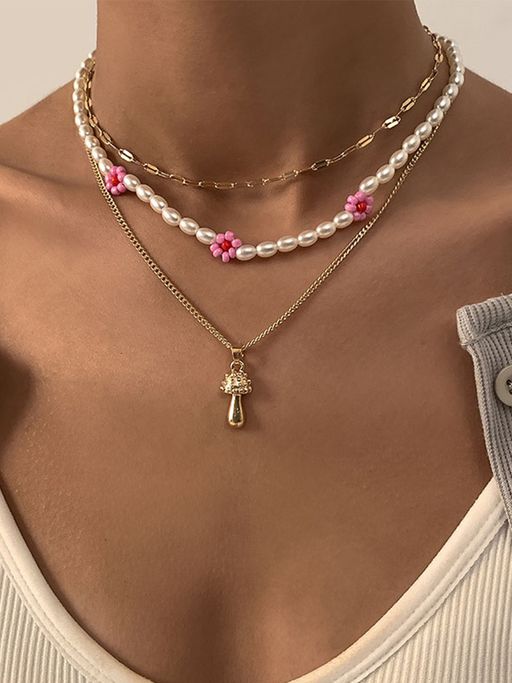 Niscka Triple Layered Gold Plated White and Pink Faux Pearl Floral Necklace