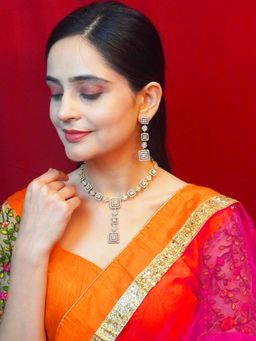 Niscka - 24K Gold-Plated American Diamond Square Necklace and Earrings