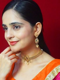 Niscka - Ethnic Gold-Plated Ruby and Emerald Choker Necklace and Earrings