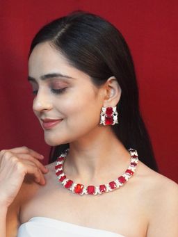 Niscka - Elegant Red and White American Diamond Necklace and Earrings