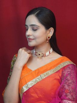 Niscka - 24K Gold-Plated Ethnic Pink Stone and Kundan Choker Necklace and Earrings