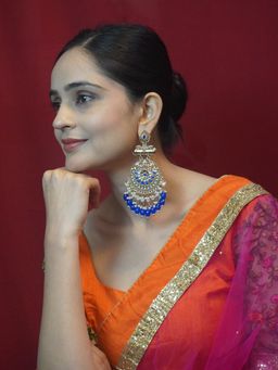 Niscka - Gold-Plated Kundan and Pearl Traditional Round Blue Dangler Earrings