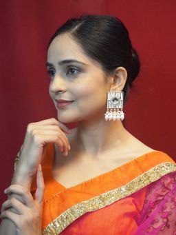 Niscka - White Gold-Plated Square Kundan and Faux Pearl Earrings