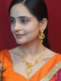 Niscka - 24K Gold Plated Pink and White Cz Floral Necklace and Earrings