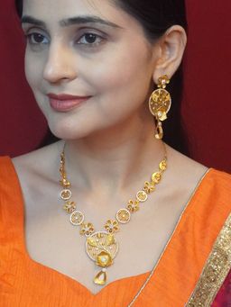 Niscka - 24K Gold-Plated Floral Design and White Cz Coin Necklace and Earrings