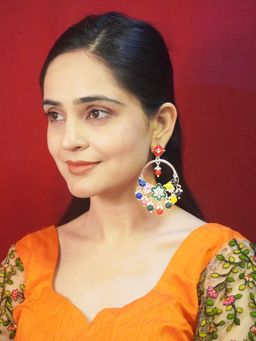 Niscka - Silver-Plated Multicolor Bead and Floral Design Round Earrings