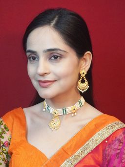 Niscka - Enchanting Crescent Green and White Pearl Necklace and Earrings