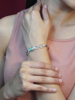 Niscka - Silver Rhodium-Plated Green Stone Bracelet with American Diamond