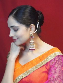 Niscka - Gold-Plated Purple Stone Mirror Work Jhumki Earrings with Ear Chain