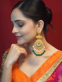 Niscka - Gold-Plated Kundan and Pearl Traditional Round Green Dangler Earrings