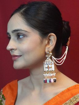 Niscka - Multilayered Pearl and Colourful Kundan Dangler Earrings with Ear Chain