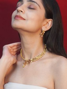 Niscka - Gold Plated White American Diamond Floral Necklace and Earrings