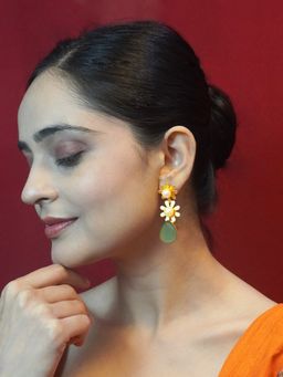 Niscka - Gold Plated Matte Finish Green Floral Earrings