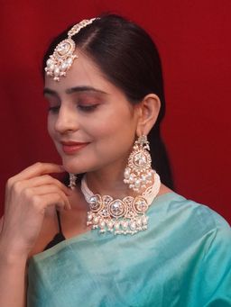 Niscka - Ethnic Cz Pearl and Polki Kundan Necklace with Earrings and Maangtika