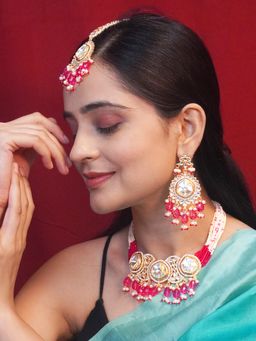 Niscka - Ethnic Pink Stone Pearl and Polki Kundan Necklace with Earrings and Maangtika