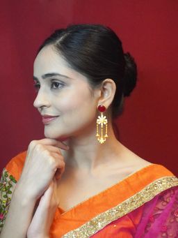 Niscka - Gold Plated Matte Red Stone Dangler Earrings