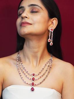 Niscka - Triple Layered Red and White American Diamond Necklace and Earrings
