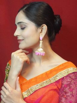 Niscka - Gold Plated White and Pink Faux Pearls Jhumki Earrings