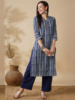 Globus - Women Blue V-Neck Allover Geometric Stripe Printed Straight Kurta & Pants Workwear Set