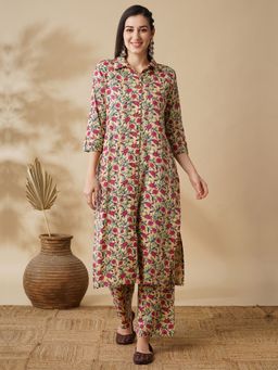 Globus - Women Yellow Floral Printed Shirt Style Button Down A-Line Workwear Kurta & Trouser Set