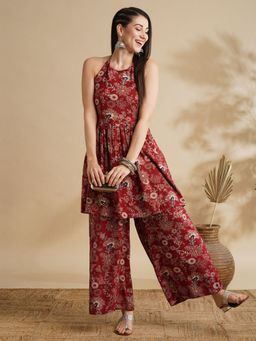 Globus - Women Maroon Floral Printed Halter Tie-Up Neck Smoked Tunic & Palazzos Fusion Co-Ord Set