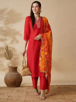 Globus - Women Red Embroidered V-Neck Straight Kurta Trousers and Dupatta (Set of 3)