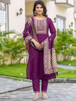 BLACK SCISSOR - Women's Purple Embroidered Kurta with Pant and Dupatta (Set of 3)