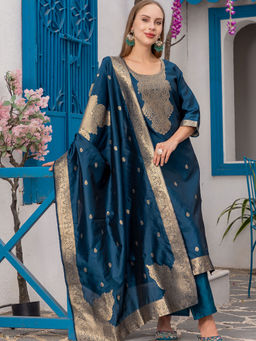 BLACK SCISSOR - Women's Teal Woven Kurta with Pant and Dupatta (Set of 3)