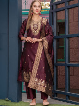 BLACK SCISSOR - Women's Maroon Embroidered Kurta with Pant and Dupatta (Set of 3)