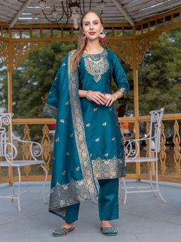 BLACK SCISSOR - Women's Teal Floral Kurta with Pant and Dupatta (Set of 3)