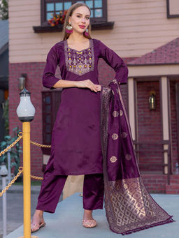 BLACK SCISSOR - Women's Wine Woven Kurta with Pant and Dupatta (Set of 3)